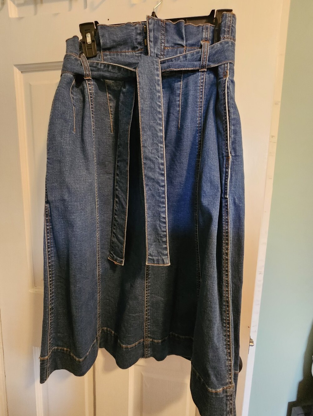 Women’s High-Waist Denim Belted Midi Skirt - Blue. Paperbag Waist.